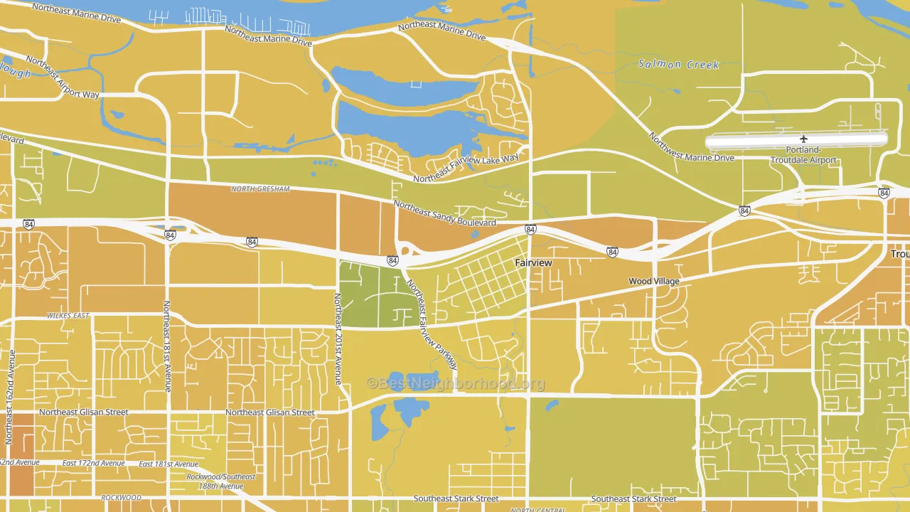 Map of the best neighborhoods in the 97024 area, with better matches in green and worse matches in red