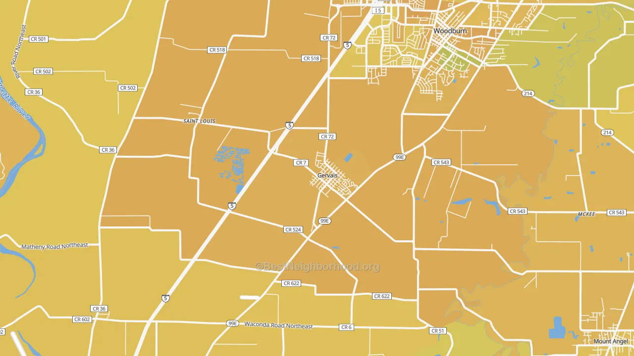 Map of the best neighborhoods in the 97026 area, with better matches in green and worse matches in red