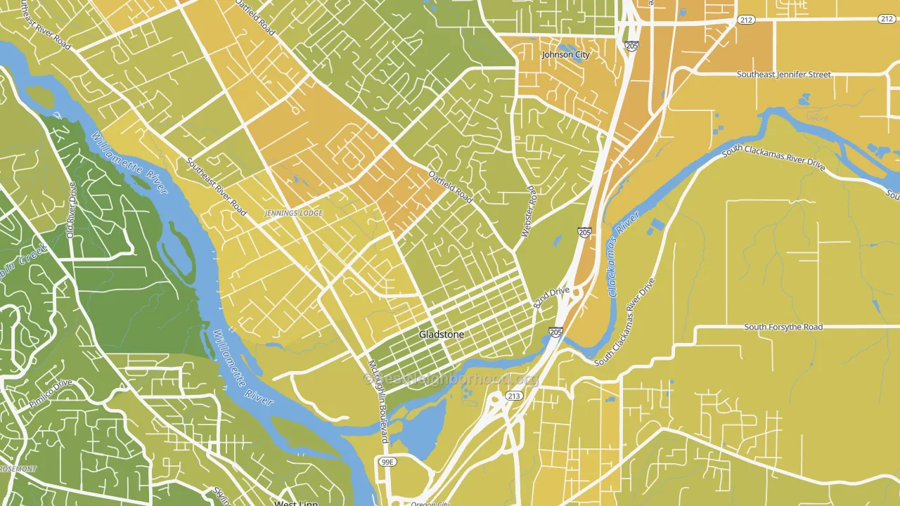 Map of the best neighborhoods in the 97027 area, with better matches in green and worse matches in red