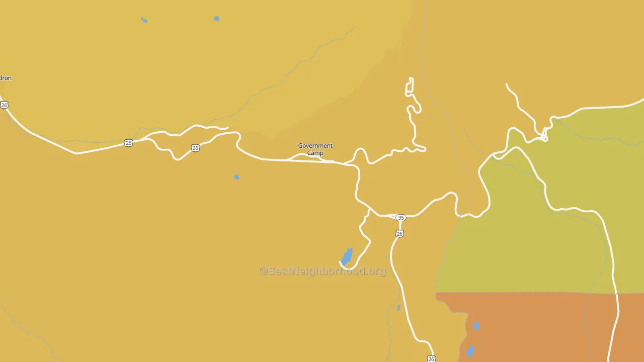 Map of the best neighborhoods in the 97028 area, with better matches in green and worse matches in red