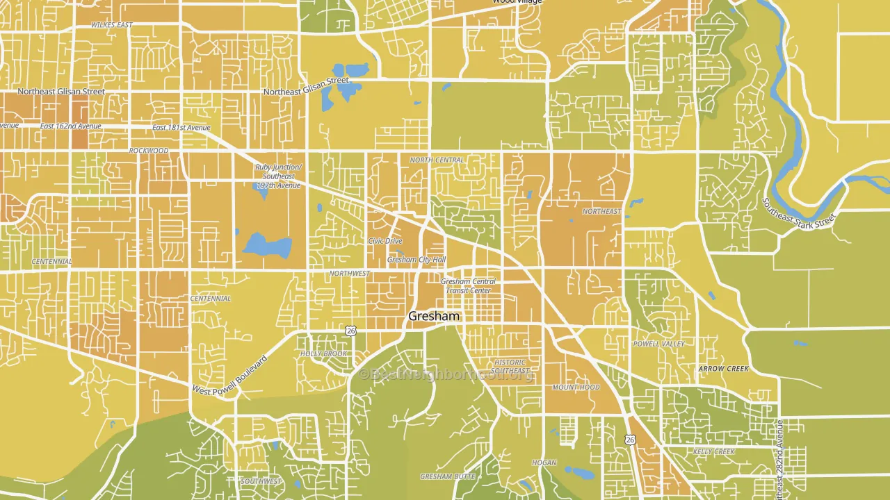 Map of the best neighborhoods in the 97030 area, with better matches in green and worse matches in red