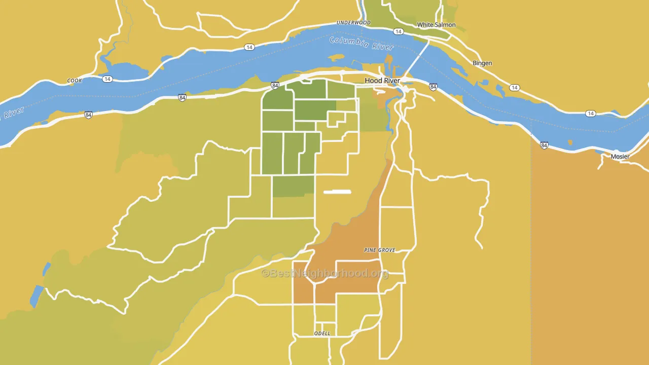 Map of the best neighborhoods in the 97031 area, with better matches in green and worse matches in red
