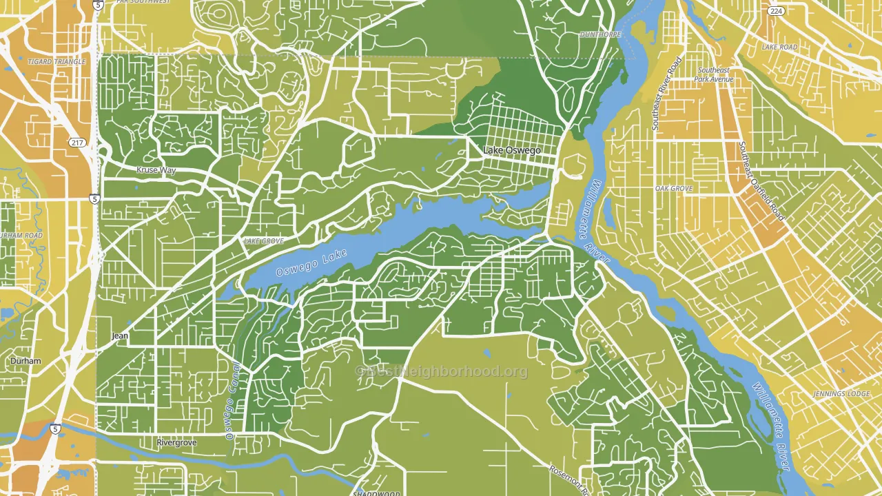 Map of the best neighborhoods in the 97034 area, with better matches in green and worse matches in red