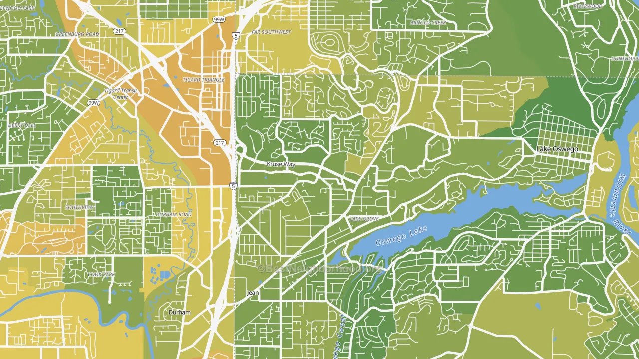 Map of the best neighborhoods in the 97035 area, with better matches in green and worse matches in red