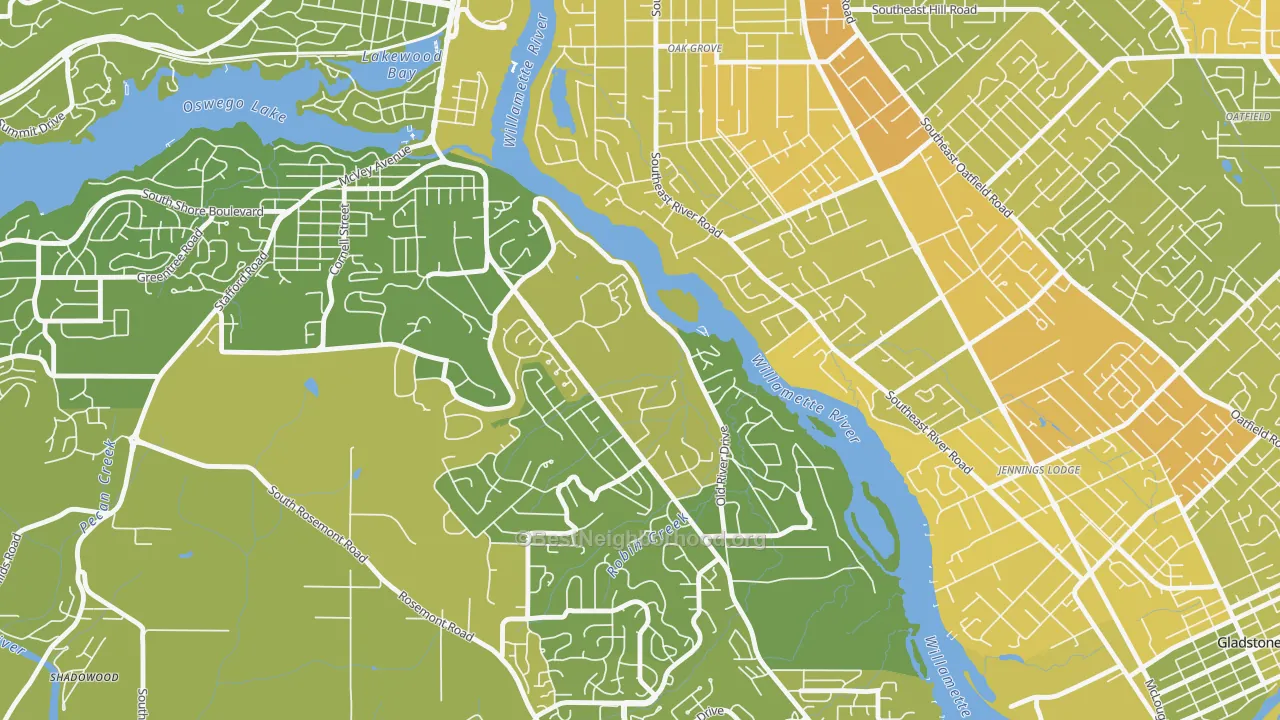 Map of the best neighborhoods in the 97036 area, with better matches in green and worse matches in red