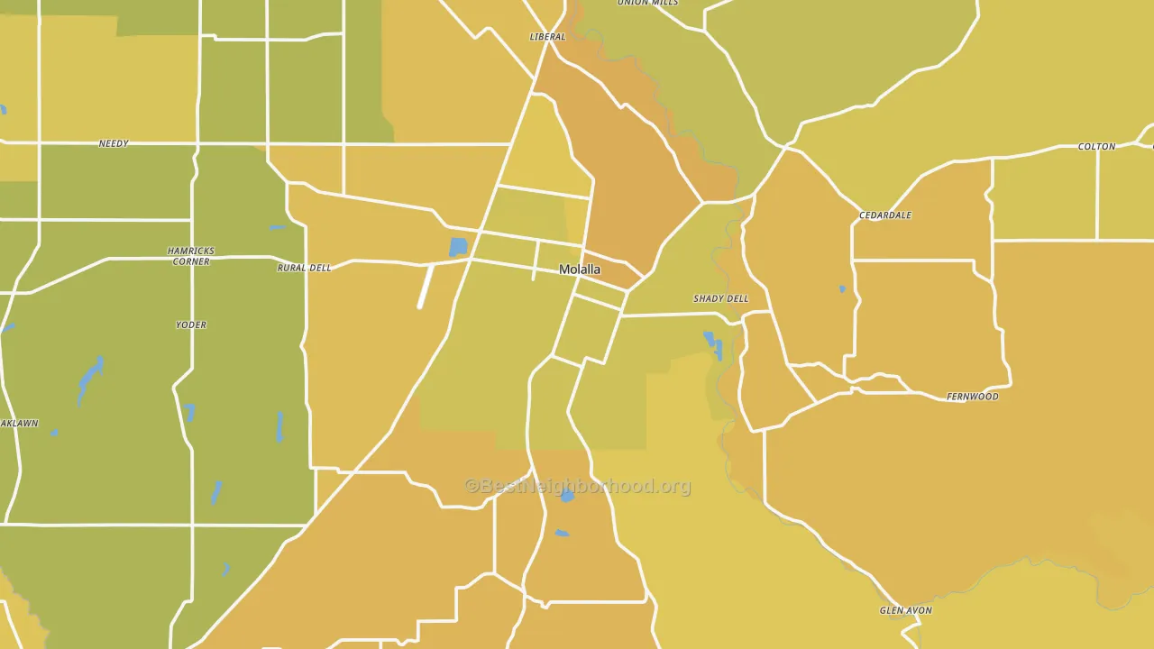 Map of the best neighborhoods in the 97038 area, with better matches in green and worse matches in red