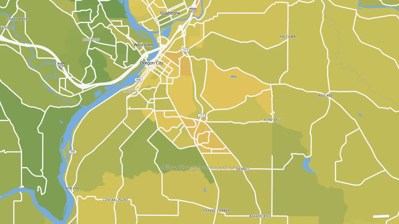 Map of the best neighborhoods in the 97045 area, with better matches in green and worse matches in red