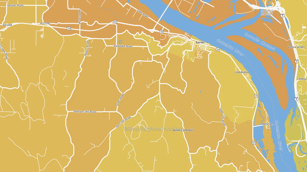 Map of the best neighborhoods in the 97048 area, with better matches in green and worse matches in red
