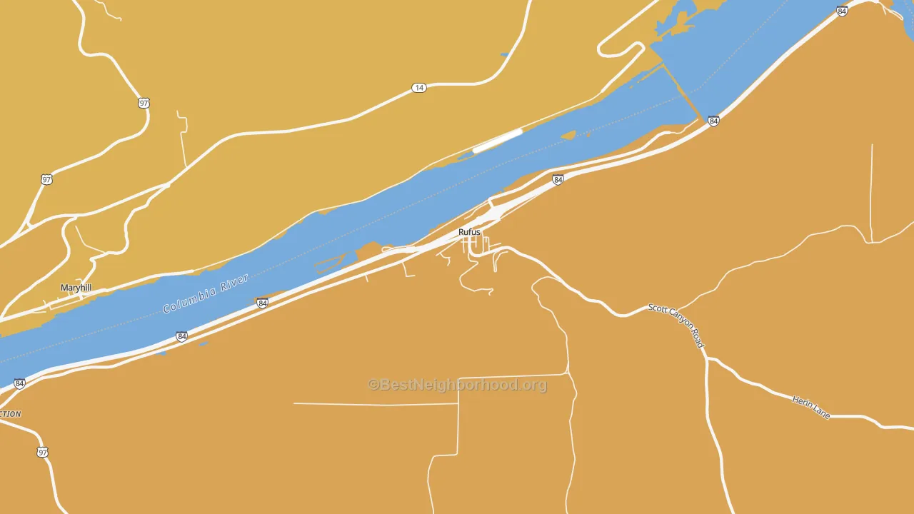 Map of the best neighborhoods in the 97050 area, with better matches in green and worse matches in red