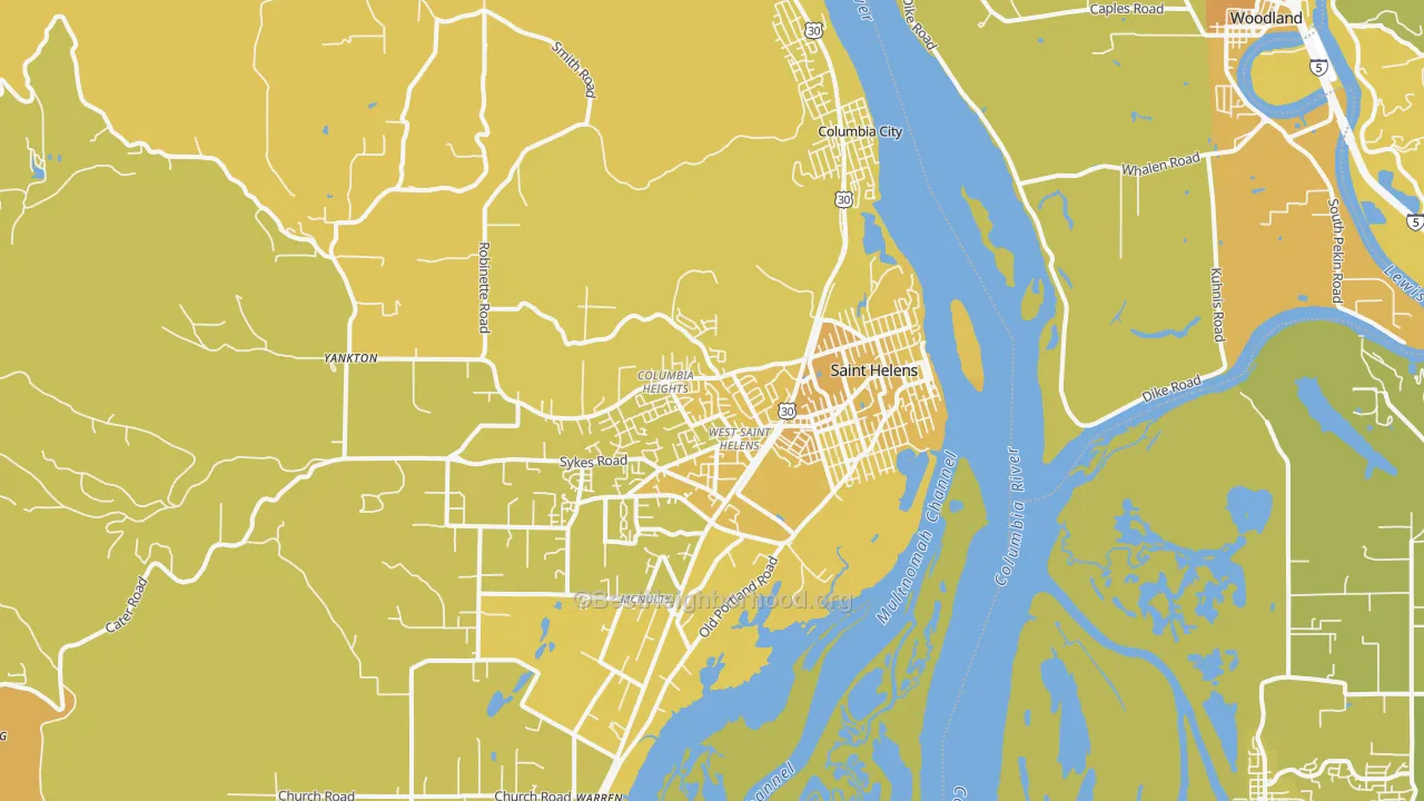 Map of the best neighborhoods in the 97051 area, with better matches in green and worse matches in red