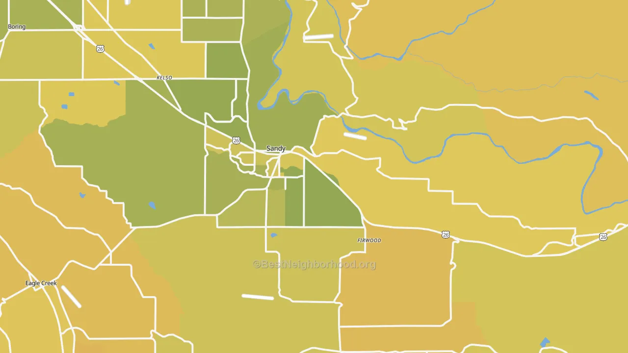 Map of the best neighborhoods in the 97055 area, with better matches in green and worse matches in red