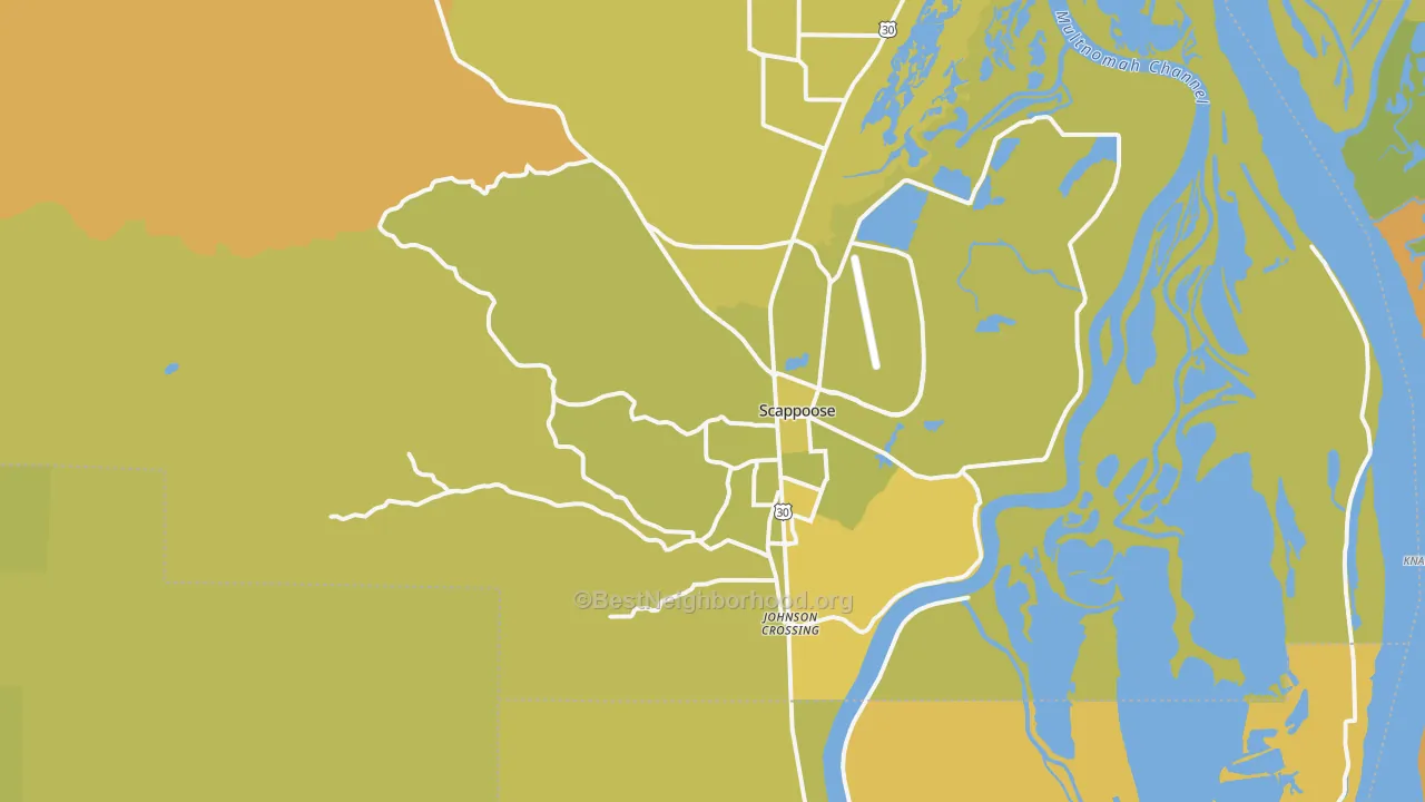 Map of the best neighborhoods in the 97056 area, with better matches in green and worse matches in red