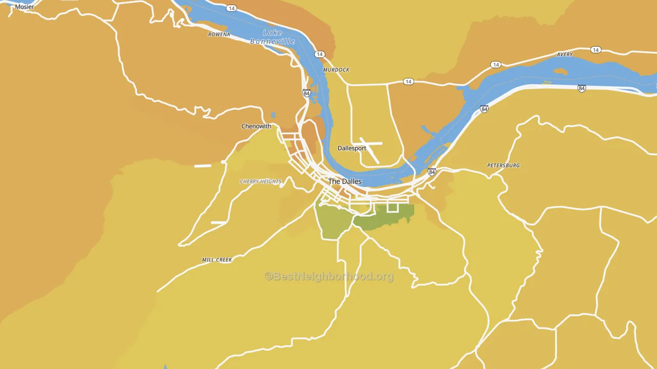 Map of the best neighborhoods in the 97058 area, with better matches in green and worse matches in red