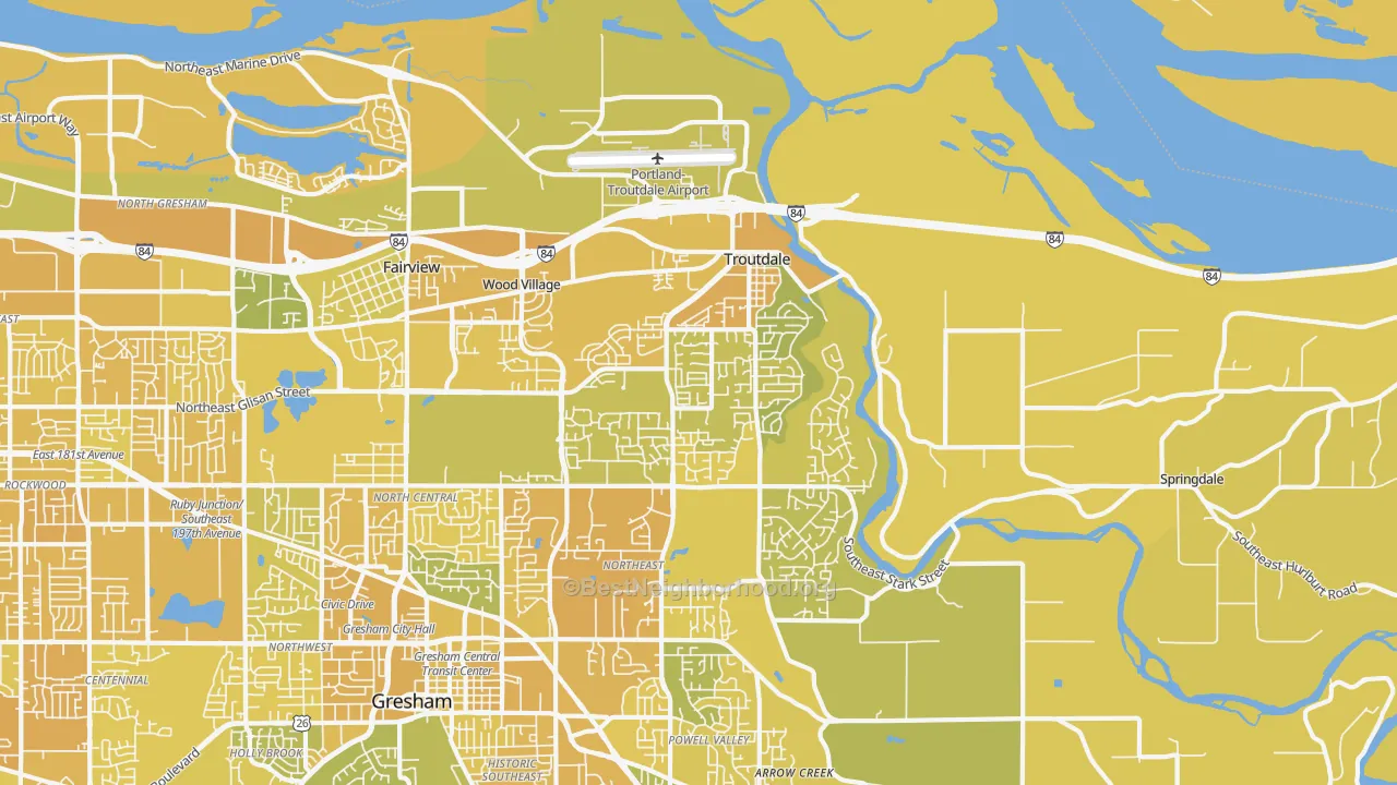 Map of the best neighborhoods in the 97060 area, with better matches in green and worse matches in red