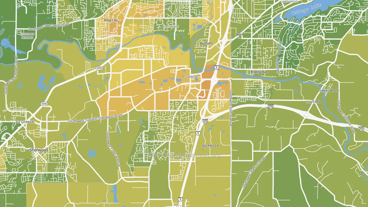 Map of the best neighborhoods in the 97062 area, with better matches in green and worse matches in red