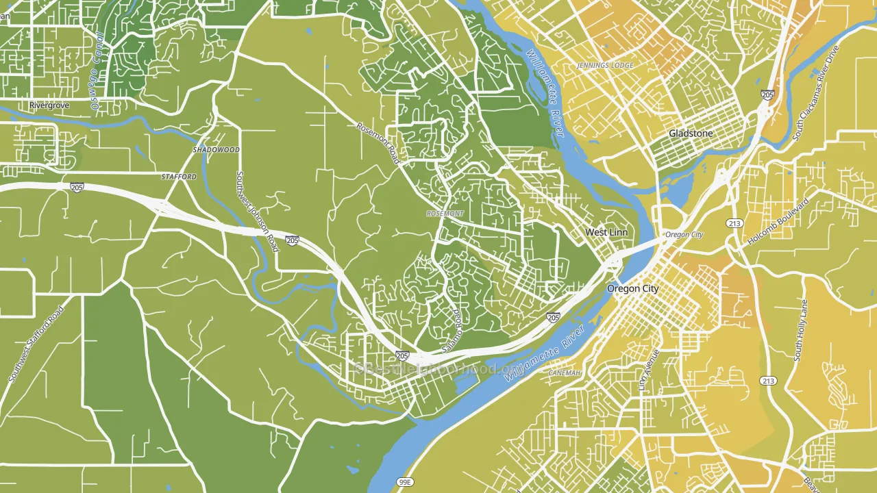 Map of the best neighborhoods in the 97068 area, with better matches in green and worse matches in red