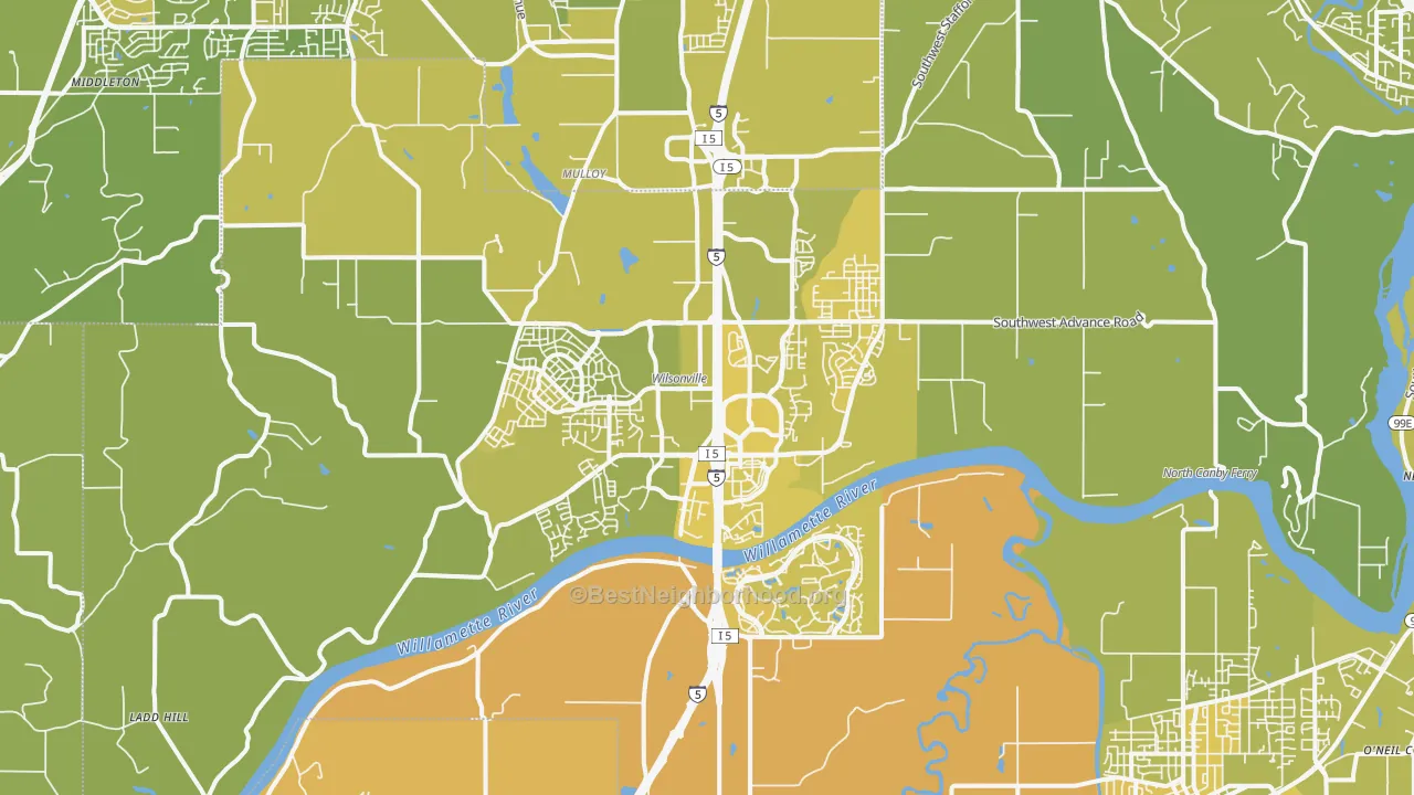 Map of the best neighborhoods in the 97070 area, with better matches in green and worse matches in red