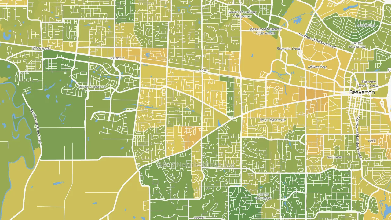 Map of the best neighborhoods in the 97078 area, with better matches in green and worse matches in red