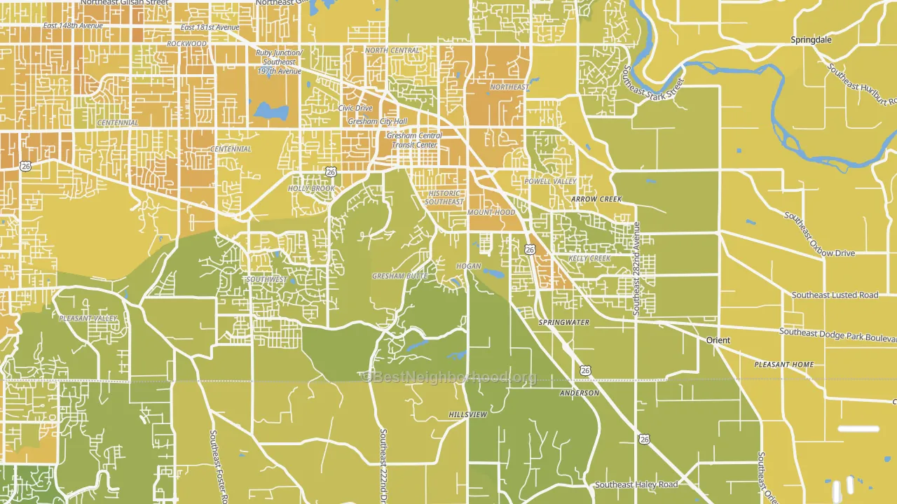 Map of the best neighborhoods in the 97080 area, with better matches in green and worse matches in red
