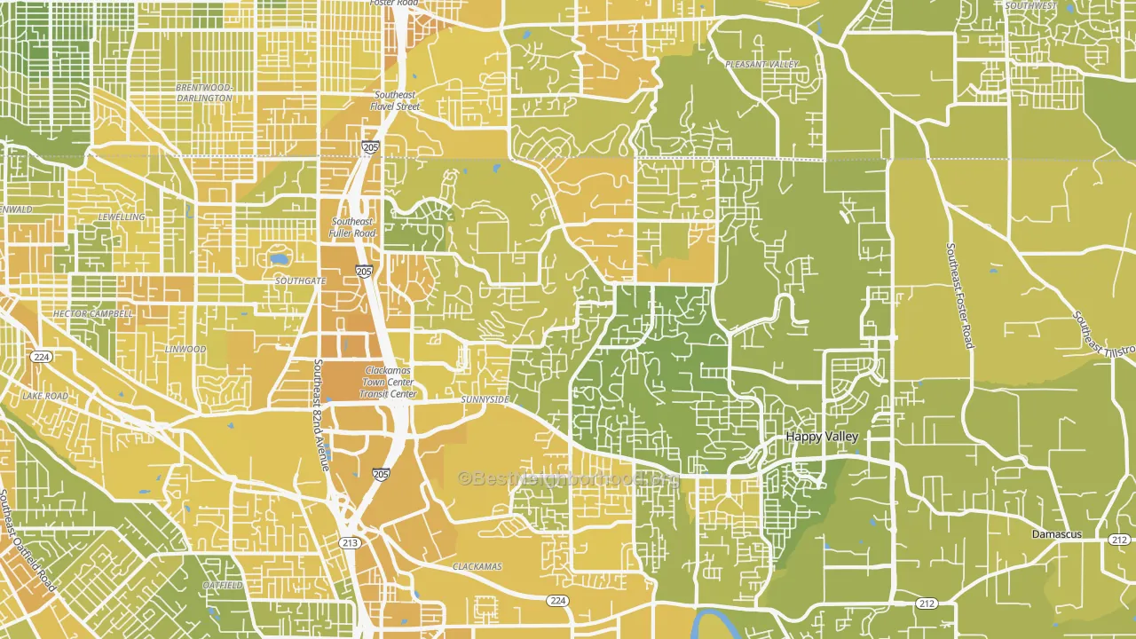 Map of the best neighborhoods in the 97086 area, with better matches in green and worse matches in red