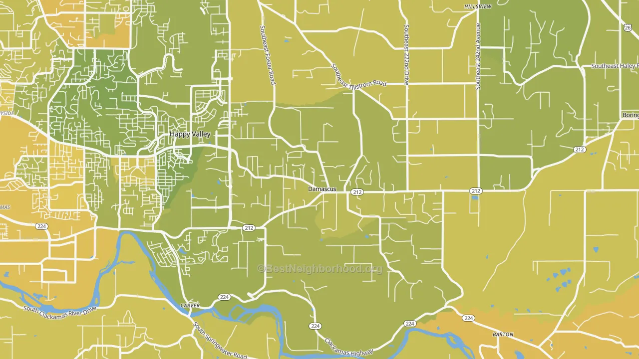 Map of the best neighborhoods in the 97089 area, with better matches in green and worse matches in red