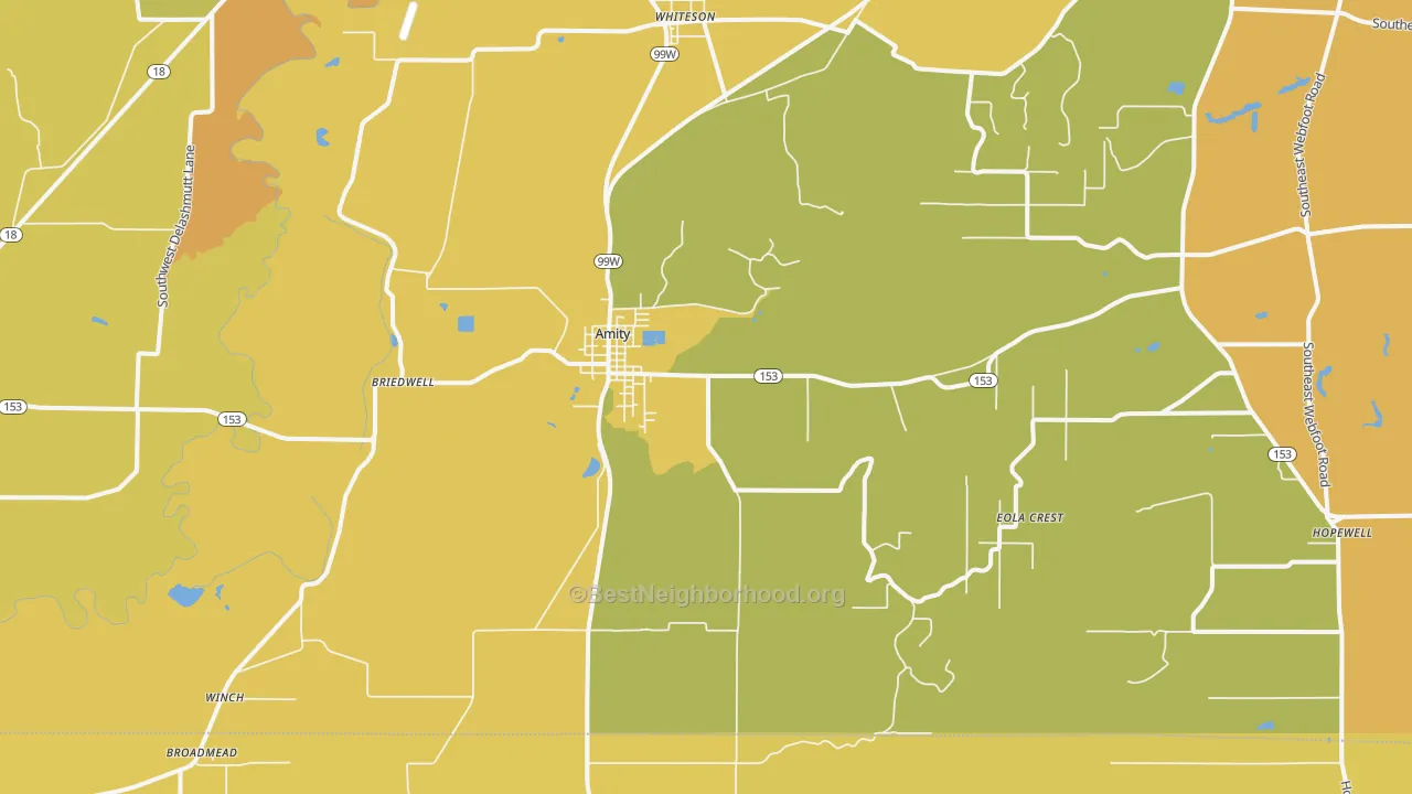 Map of the best neighborhoods in the 97101 area, with better matches in green and worse matches in red