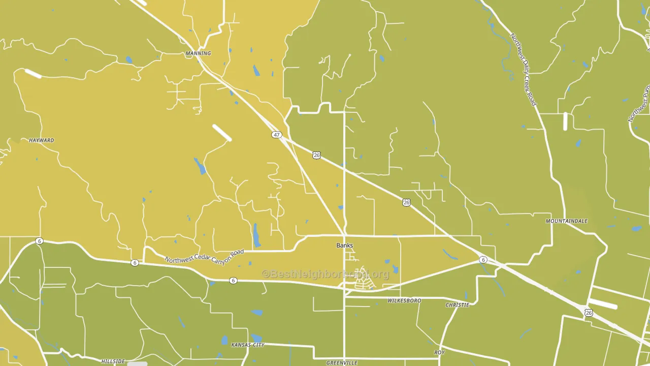 Map of the best neighborhoods in the 97106 area, with better matches in green and worse matches in red