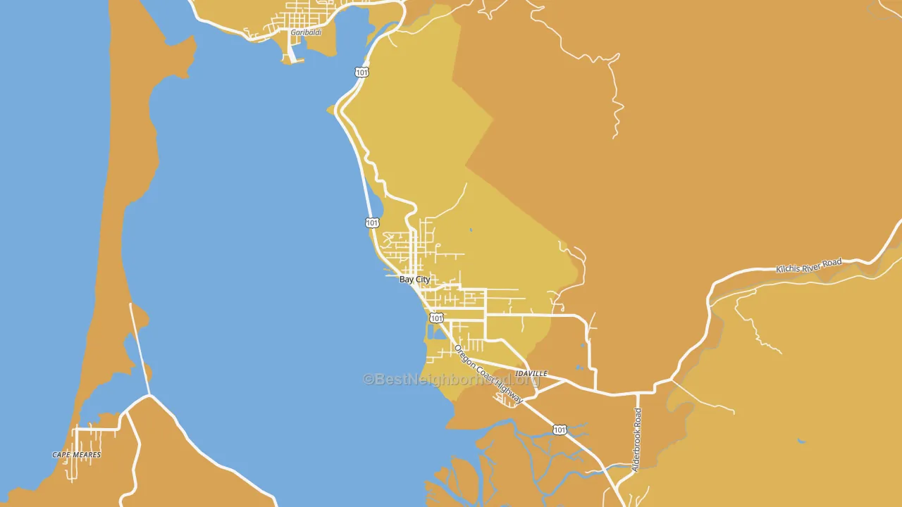 Map of the best neighborhoods in the 97107 area, with better matches in green and worse matches in red