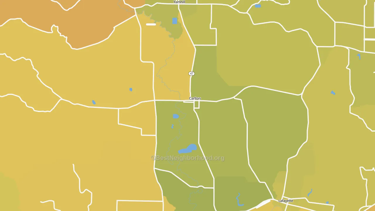 Map of the best neighborhoods in the 97111 area, with better matches in green and worse matches in red