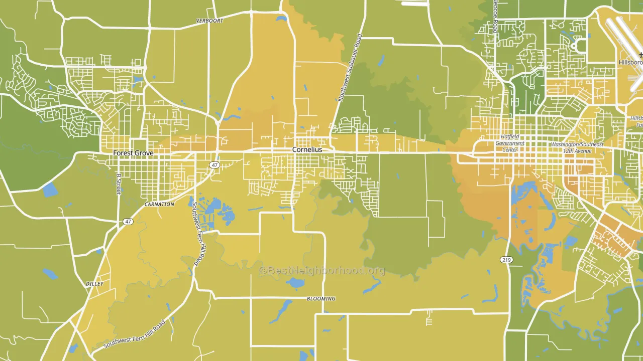 Map of the best neighborhoods in the 97113 area, with better matches in green and worse matches in red