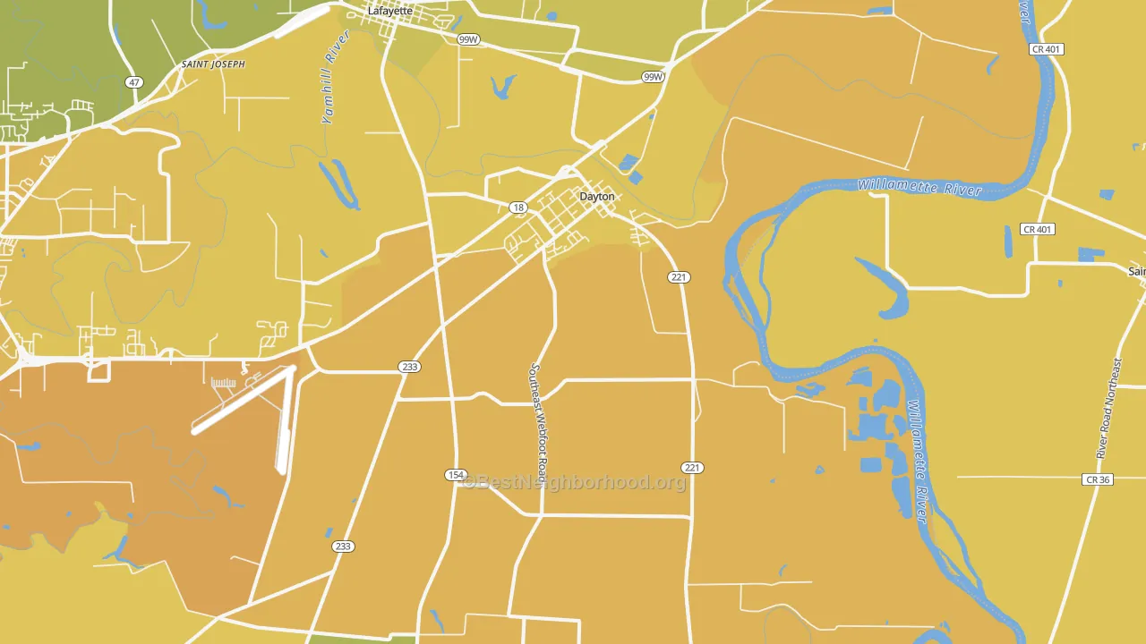 Map of the best neighborhoods in the 97114 area, with better matches in green and worse matches in red
