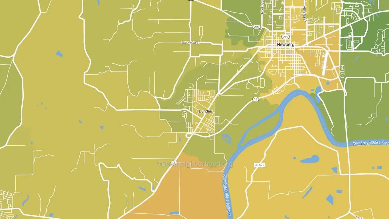 Map of the best neighborhoods in the 97115 area, with better matches in green and worse matches in red