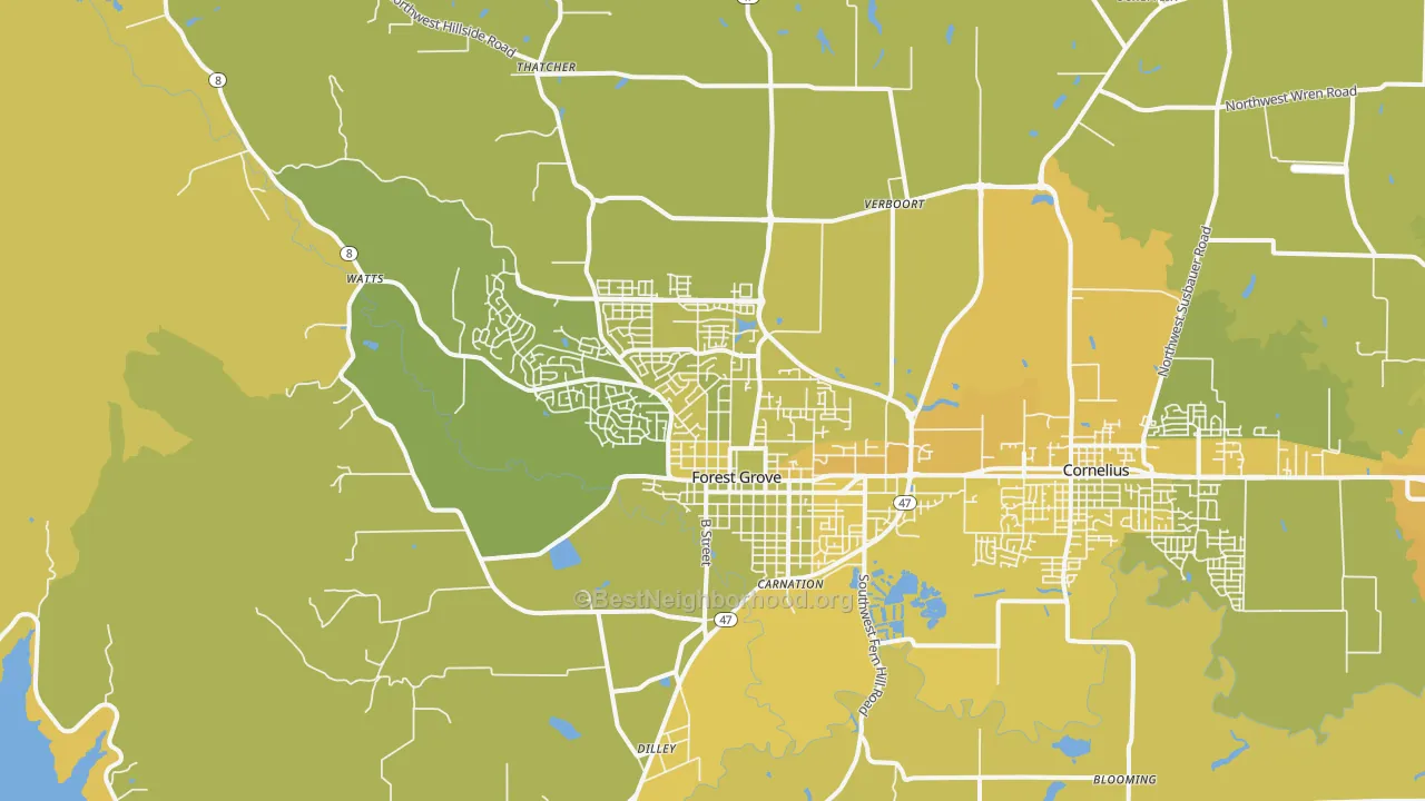 Map of the best neighborhoods in the 97116 area, with better matches in green and worse matches in red