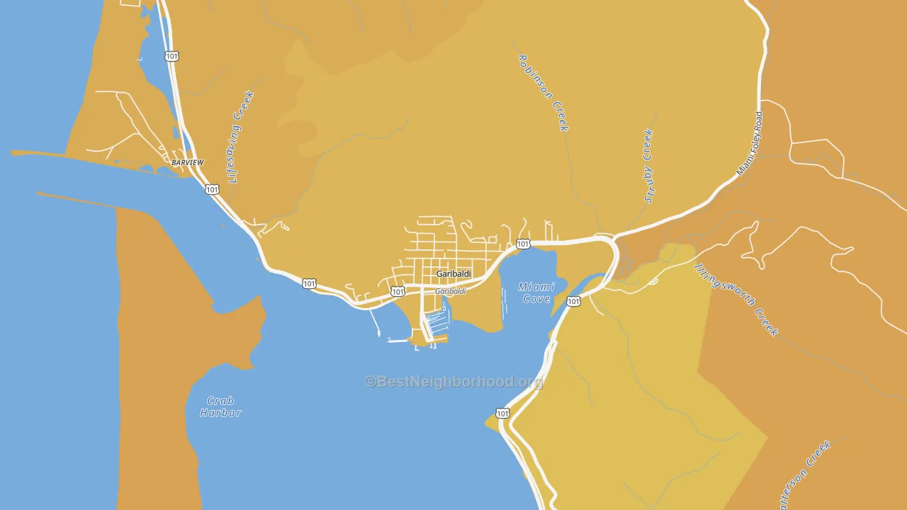 Map of the best neighborhoods in the 97118 area, with better matches in green and worse matches in red