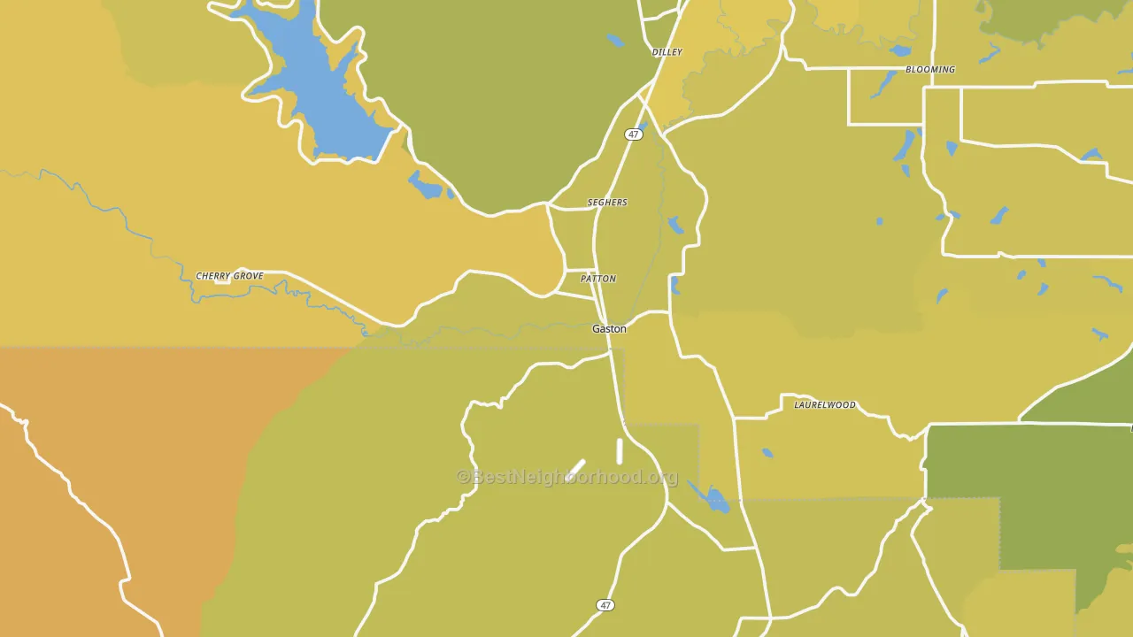 Map of the best neighborhoods in the 97119 area, with better matches in green and worse matches in red