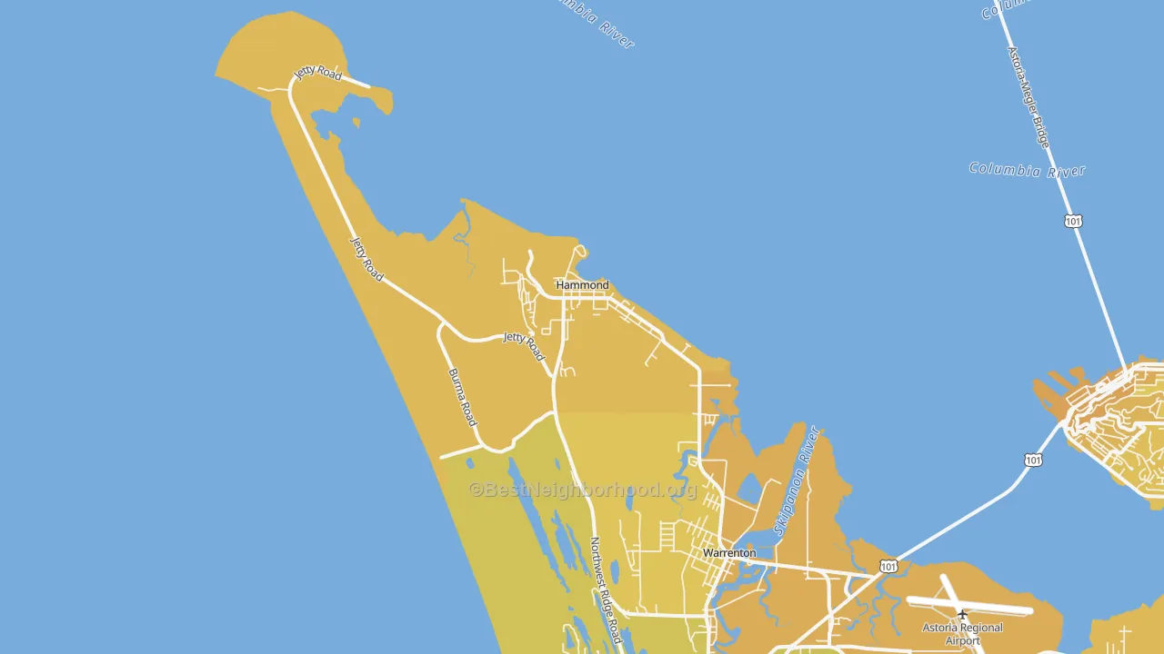 Map of the best neighborhoods in the 97121 area, with better matches in green and worse matches in red