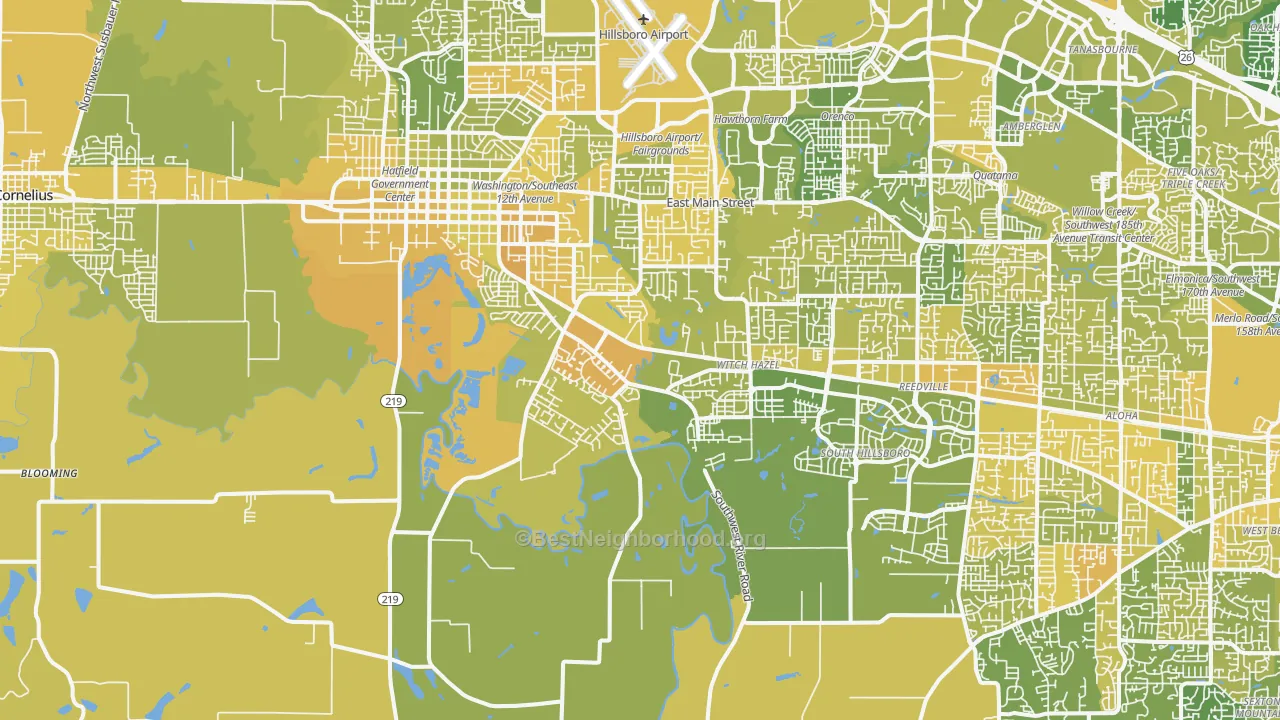Map of the best neighborhoods in the 97123 area, with better matches in green and worse matches in red
