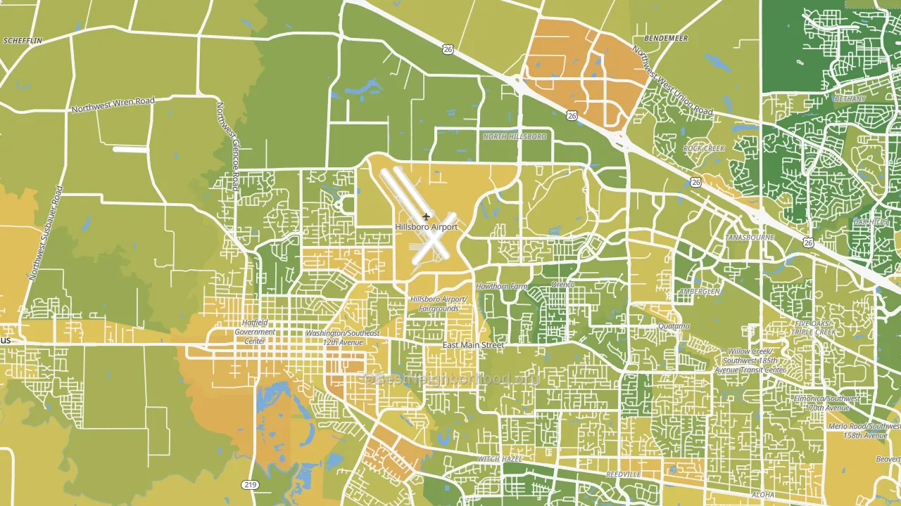 Map of the best neighborhoods in the 97124 area, with better matches in green and worse matches in red