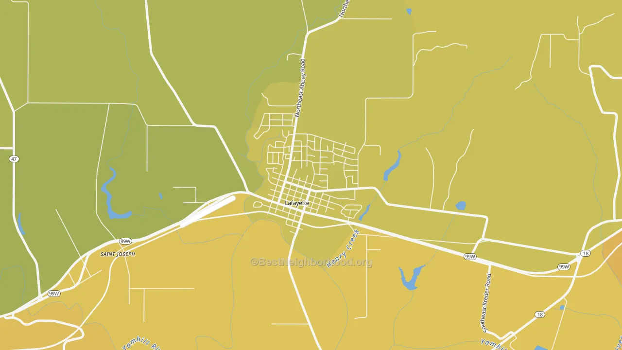Map of the best neighborhoods in the 97127 area, with better matches in green and worse matches in red