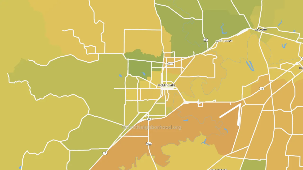 Map of the best neighborhoods in the 97128 area, with better matches in green and worse matches in red