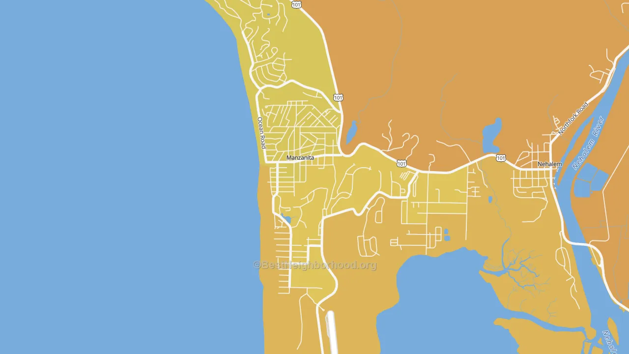 Map of the best neighborhoods in the 97130 area, with better matches in green and worse matches in red