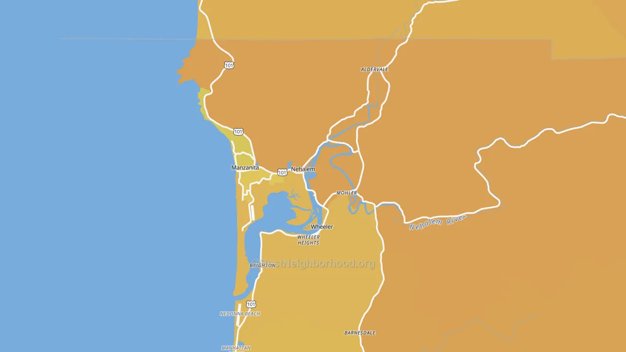 Map of the best neighborhoods in the 97131 area, with better matches in green and worse matches in red