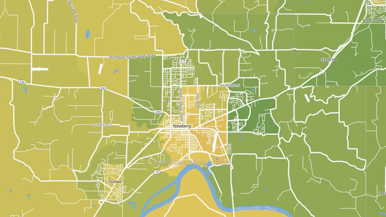 Map of the best neighborhoods in the 97132 area, with better matches in green and worse matches in red