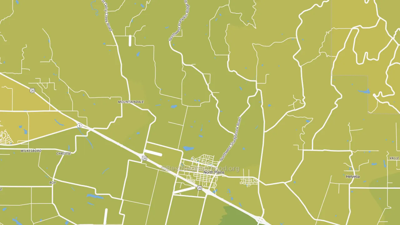 Map of the best neighborhoods in the 97133 area, with better matches in green and worse matches in red