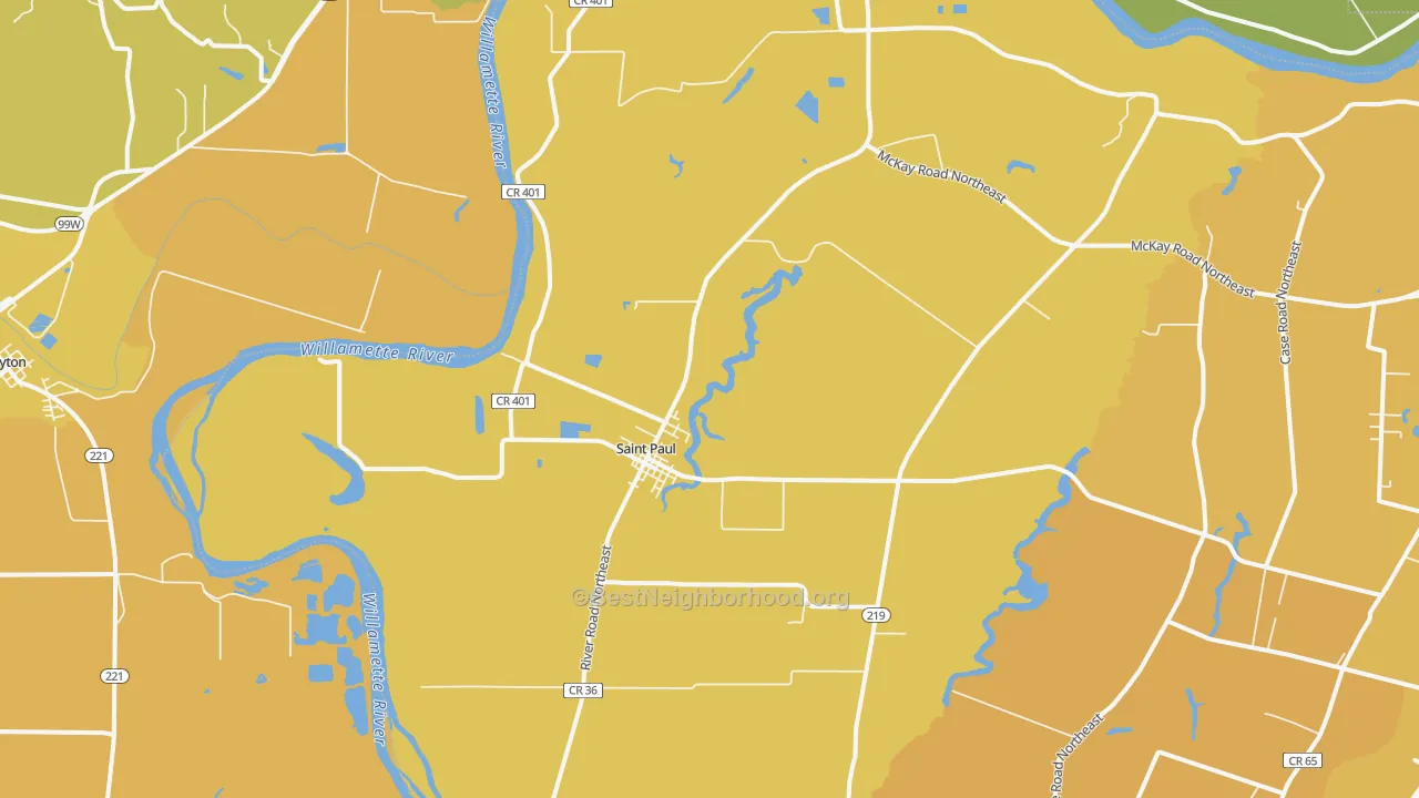 Map of the best neighborhoods in the 97137 area, with better matches in green and worse matches in red