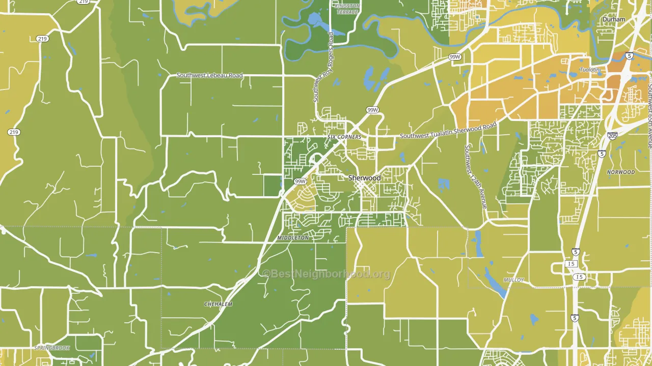 Map of the best neighborhoods in the 97140 area, with better matches in green and worse matches in red