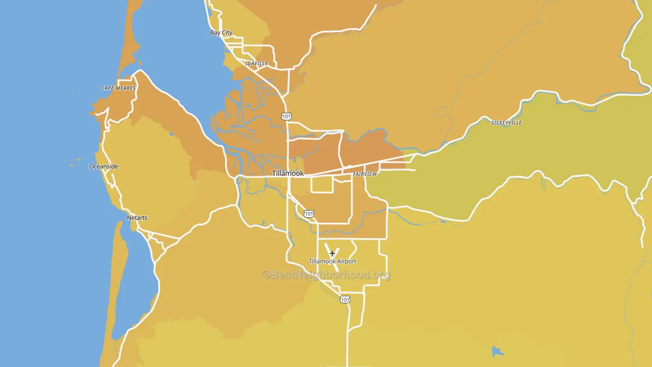 Map of the best neighborhoods in the 97141 area, with better matches in green and worse matches in red