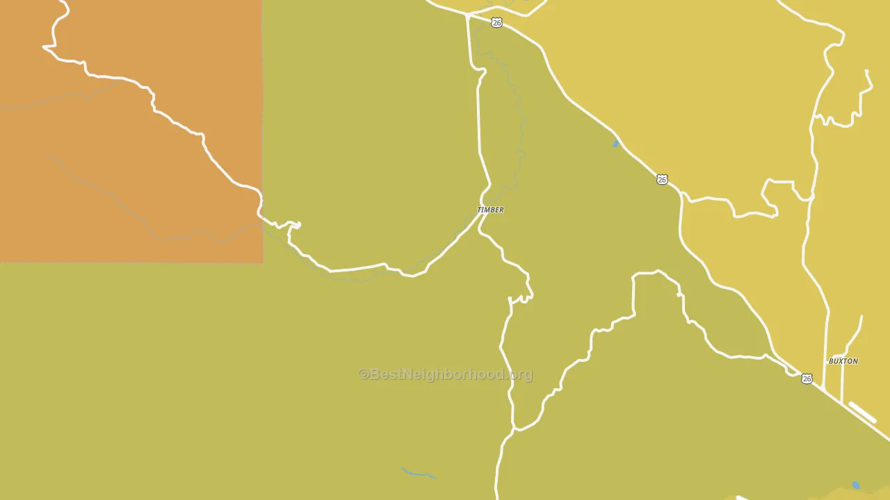 Map of the best neighborhoods in the 97144 area, with better matches in green and worse matches in red