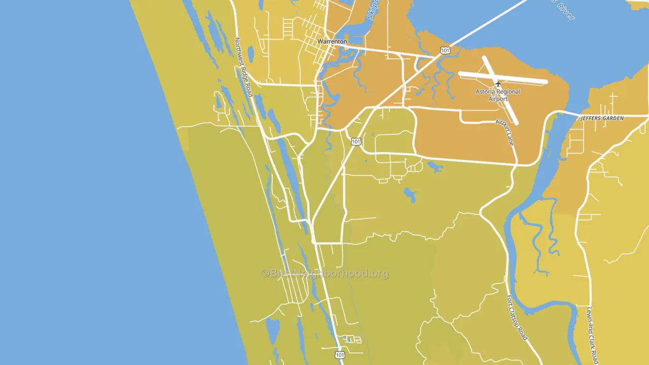Map of the best neighborhoods in the 97146 area, with better matches in green and worse matches in red