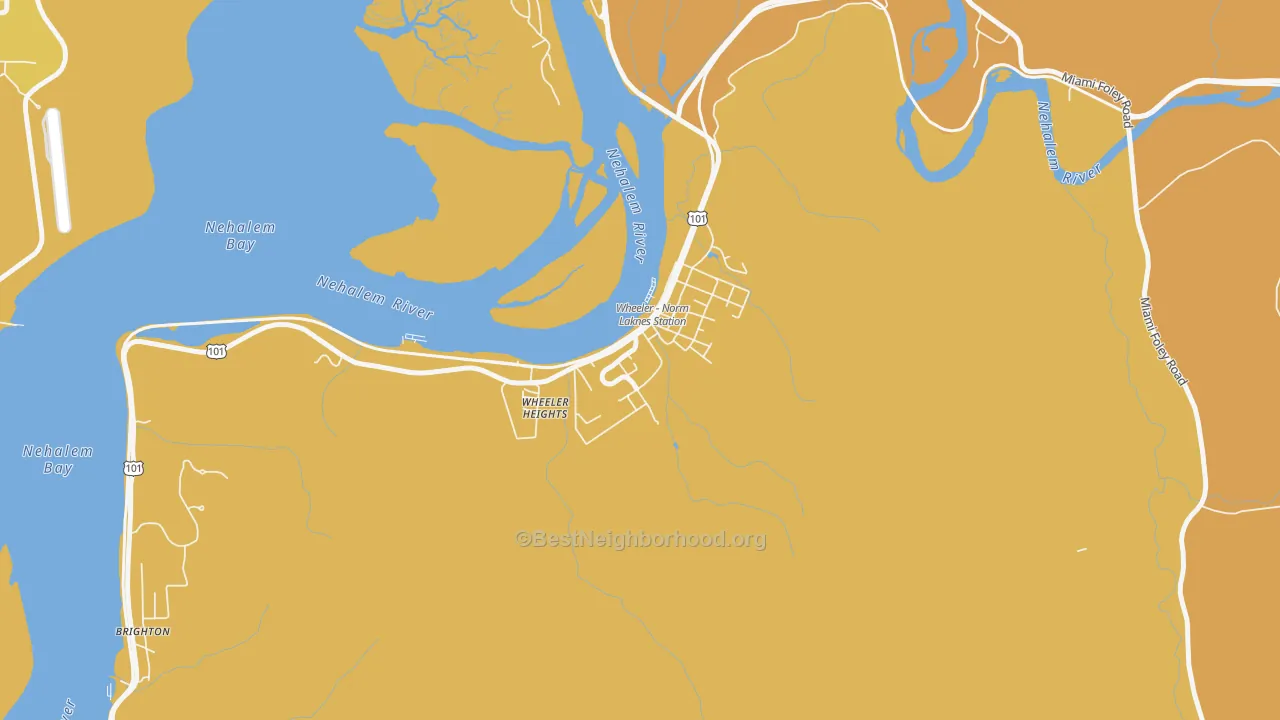Map of the best neighborhoods in the 97147 area, with better matches in green and worse matches in red